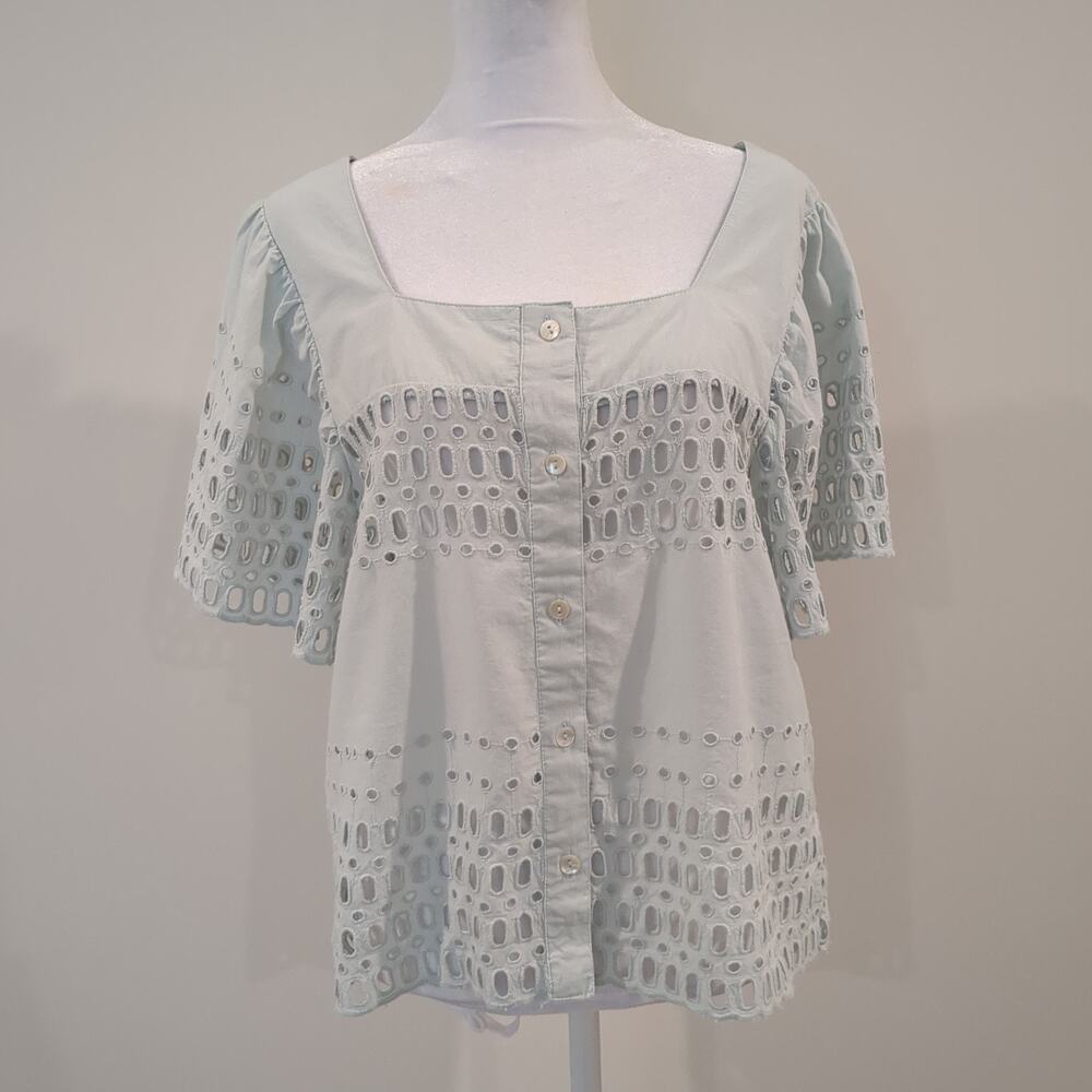 Calypso St. Barth Womens M Eyelet Lace Button Front Coastal Cottage Top Blue
